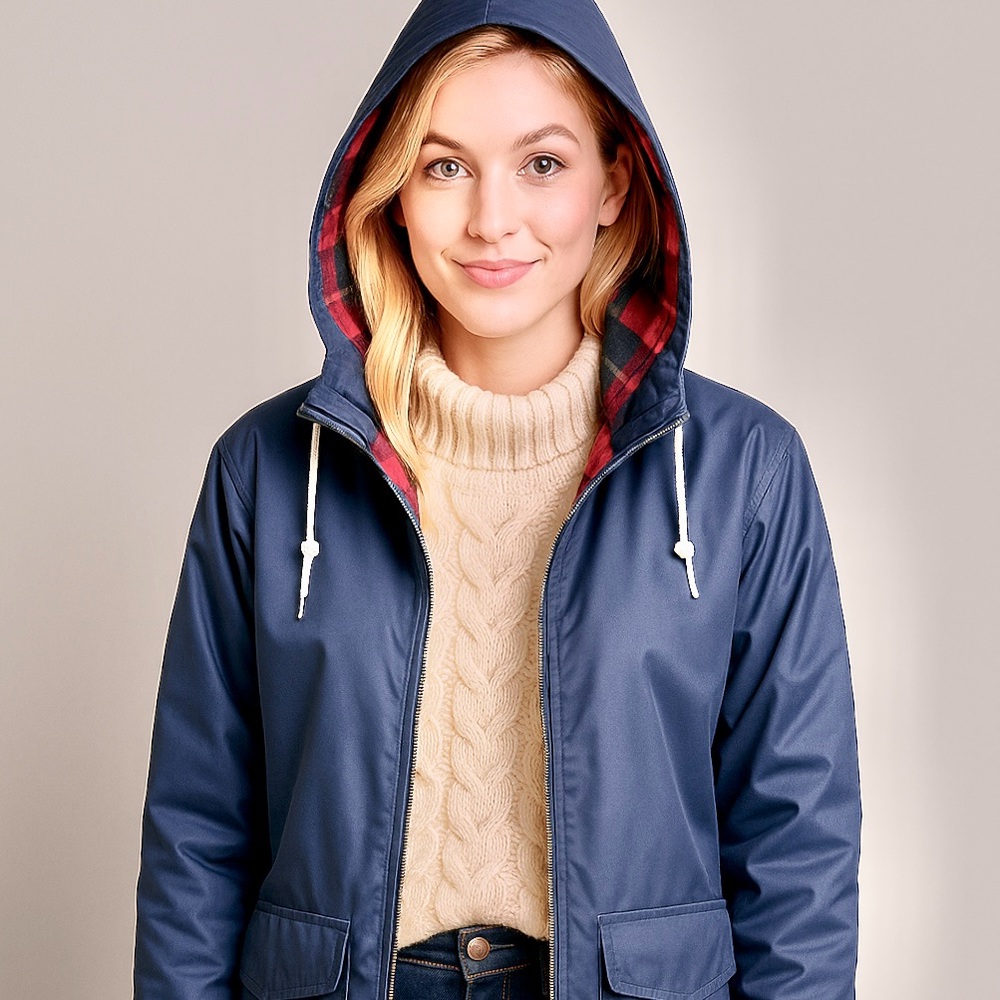 Misty Harbor Vintageβ Any Weather Slicker Hooded Raincoat Navy Red Plaid Size L